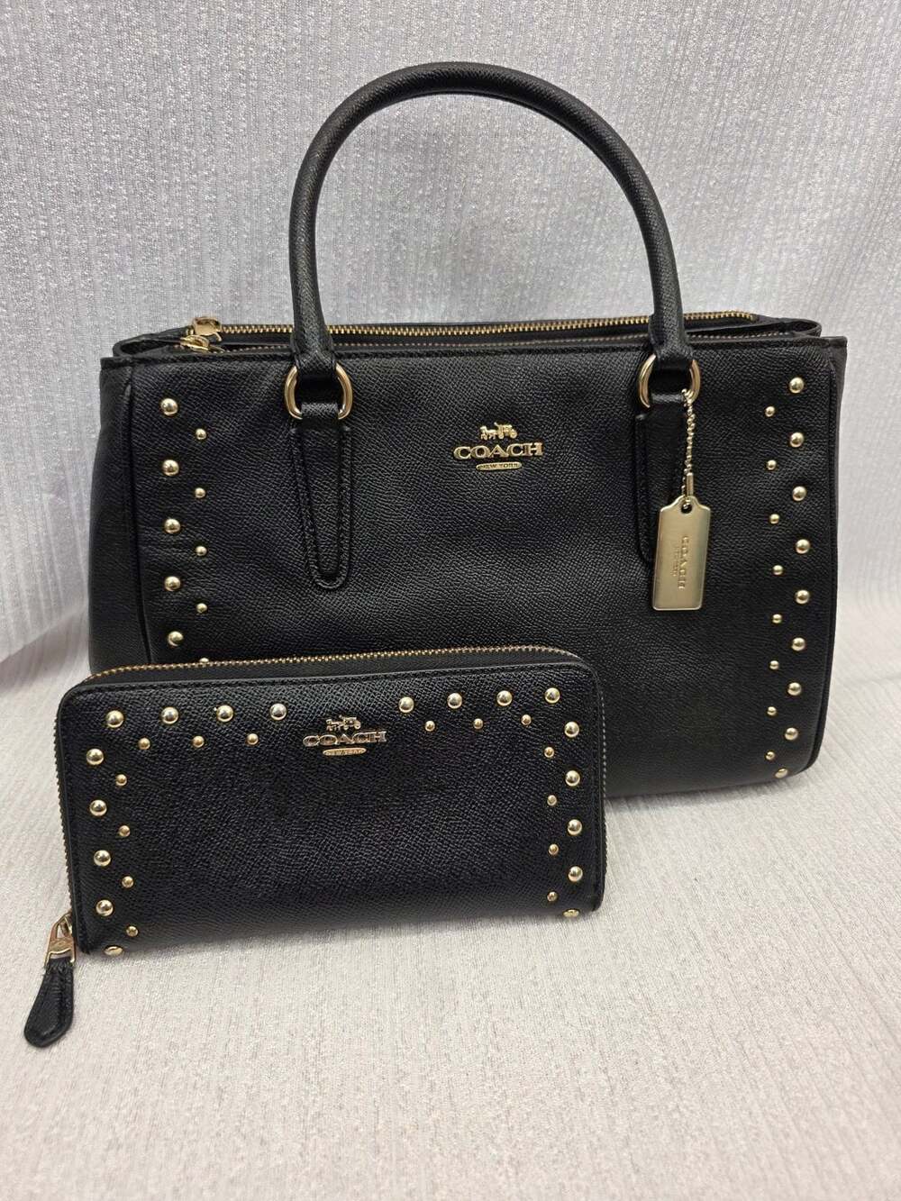 Coach Studded Black Leather Carryall Handbag and Matching Wallet Set